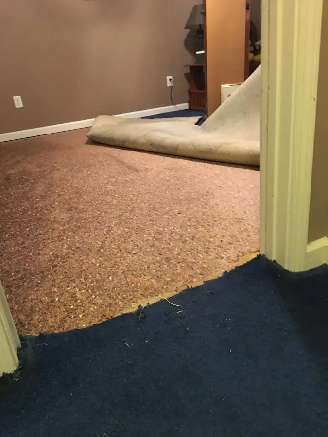Carpet pad removal revealing water damage during Drying & Dehumidification in Cuyahoga Falls